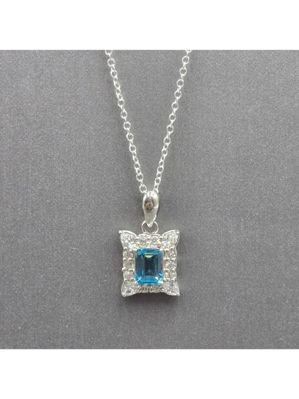 Edwardian Revival Sterling Silver Blue Topaz Pendant Necklace Emerald Cut 925 - Picture 2 of 15